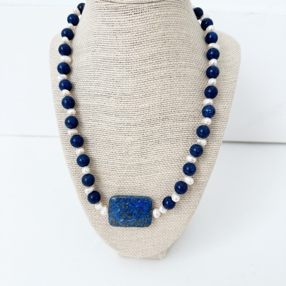 NWT Genuine Lapis Lazuli & Pearls Necklace Blue White Bead Beaded